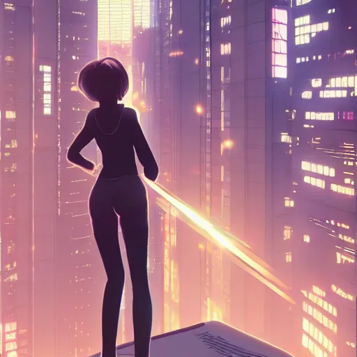 Image similar to a girl stands on top of a multi-storey building, anime style, 4k, cyberpunk city in the background, HD, artstation, very detailed, by Ilya Kuvshinov