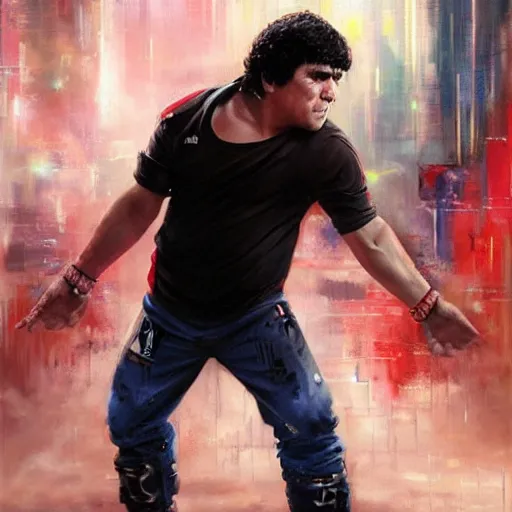 Prompt: stunning portrait of Diego Maradona playing Capoeira, painting by Raymond Swanland, cyberpunk, sci-fi cybernetic implants hq