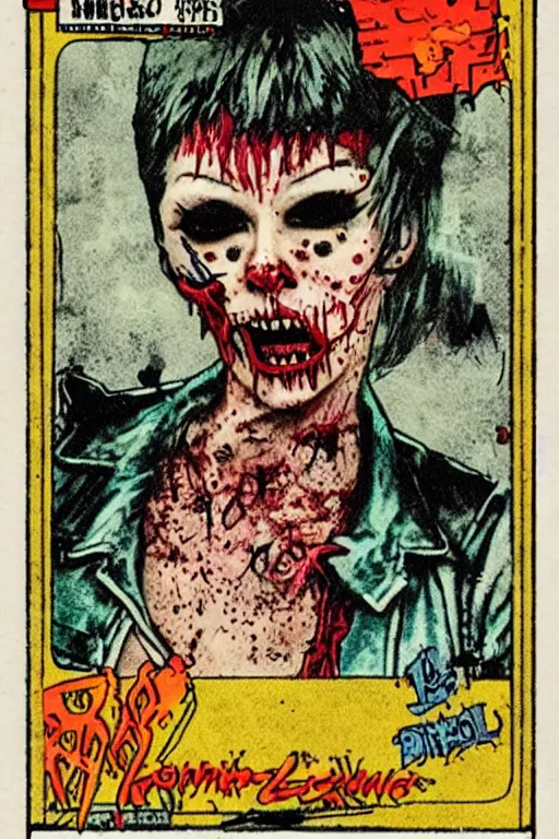 Prompt: topps collectible card, punkrock zombie, vintage, 1980s