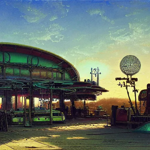 Image similar to painting of syd mead artlilery scifi organic shaped gas station with ornate metal work lands on a farm, filigree ornaments, volumetric lights, purple sun, andreas achenbach