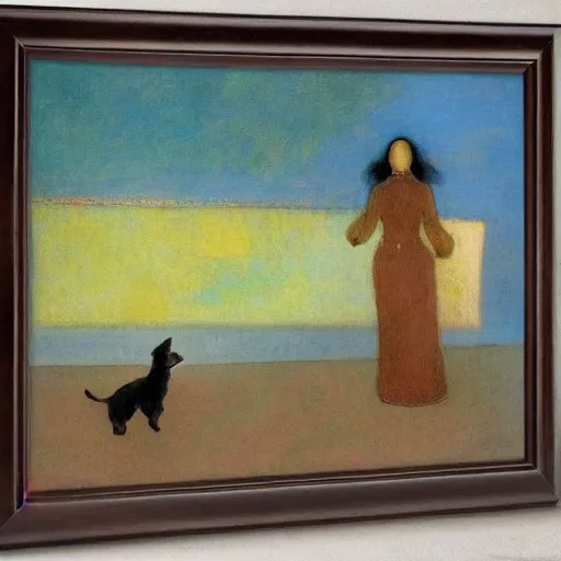 Image similar to a woman and her black and brown chihuahua looking out to sea by odilon redon