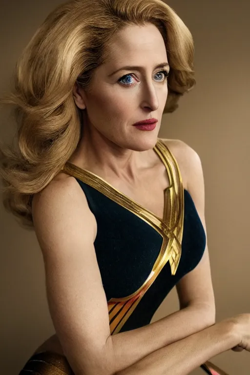 Image similar to photo of a beautiful 40-year-old Gillian Anderson dressed as wonder woman (2020) by Mario Testino and stanley lau, detailed, award winning, Sony a7R, trending on artstation
