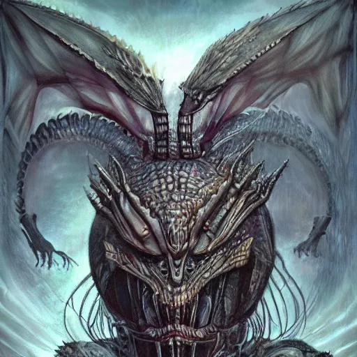 Image similar to Giger portrait of queen dragon, Dragon in dragon lair, HD, full body dragon concept, flying dragon, soft shading, hyperdetailed, wide angle lens, fantasy, futuristic horror, style of giger