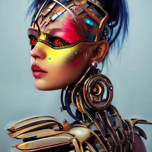 Image similar to A masterpiece portrait of a Incredibly beautiful half slightly damaged crying robot-synth girl Combat amazing makeup. tribal fashion. Cyberpunk. First sparkles. Vogue. trending on artstation, digital art, by Stanley Artgerm Lau, WLOP, Rossdraws, James Jean, Andrei Riabovitchev, Marc Simonetti, Yoshitaka Amano