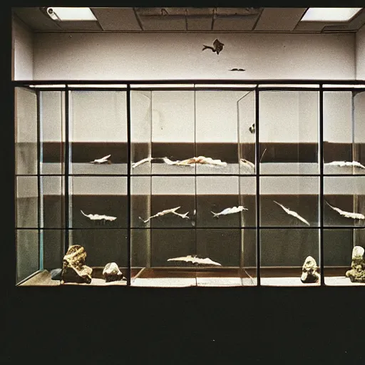 Prompt: spooky creepy liminal space, display case, aquatic exhibition museum, dried aquarium, computer screens, photo taken on 1 9 8 0 s fujifilm superia