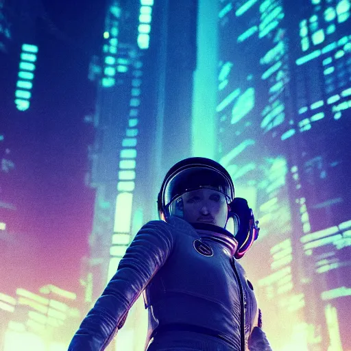 Image similar to professional closeup photo of astronaut from low angle shot with cyberpunk city on background, synthwave, blade runner, hyperrealistic masterpiece, trending on artstation, cgsociety, kodakchrome, golden ratio, cinematic, composition, beautiful lighting, hyper detailed, sharp focus, octane render, 4 k, unreal engine