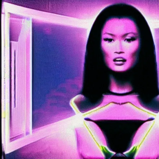 Prompt: a VHS still of a concept art with a photo of Tia Carrere in a vaporwave artwork composition, Windows98 logo, in the movie Lifeforce (1985) 8k, intricate, pastel colors