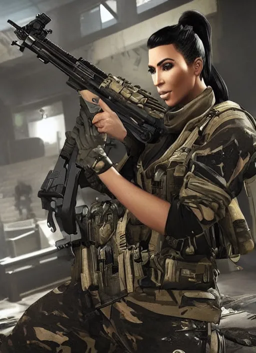 Prompt: game still of kim kardashian as a call of duty skin in call of duty.