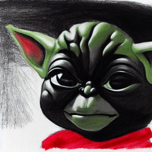 Image similar to abstract drawing of black and red baby yoda with black background, high contrast, 4k