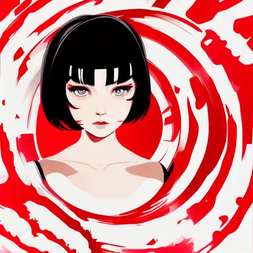 Prompt: a woman with black hair and a red and white background, vector art by Ilya Kuvshinov, featured on deviantart, shock art, ilya kuvshinov, official art, anime