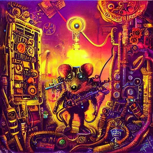 Prompt: steampunk rat, acid, 303, psychedelic, by paul lehr, cd cover for techno artist