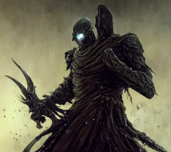 Image similar to corvus glaive concept, beksinski, age of sigma art, frank franzetta, ruan jia, dark soul armor concept, trending on artstation, wayne barlowe, adrian smith fantasy art, elden ring art, the hobbit art, lord of the ring art, infinity blade armor