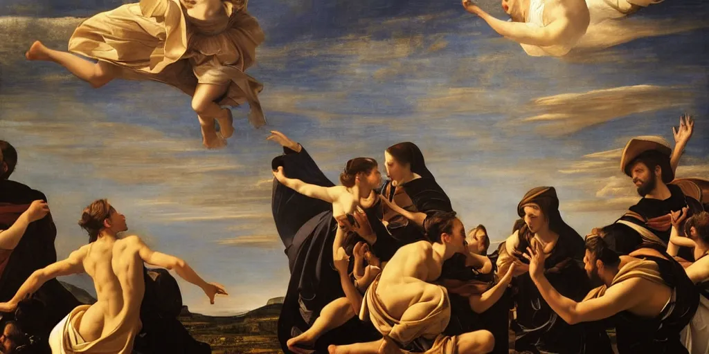 Image similar to beautiful oil matte portrait painting, people dancing among the clouds, flying in the sky, wonderful masterpiece highly detailed, beautiful cinematic light deep focus, elegant, digital painting, smooth, sharp focus, golden ratio, dramatic illumination, ultra realistic, 8 k, art by giovanni bellini and caravaggio