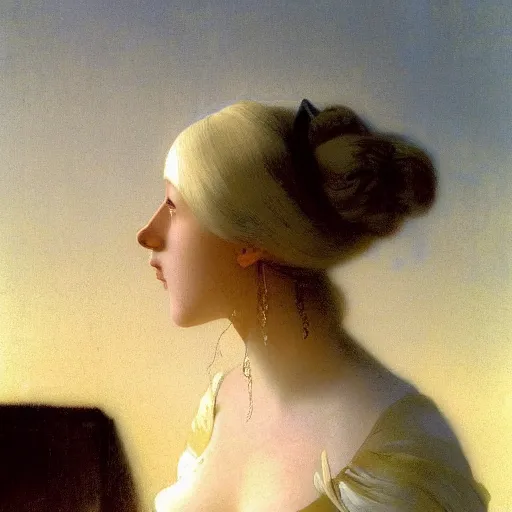 Image similar to a young woman's face, her hair is white and she wears a cobalt blue satin cloak, by ivan aivazovsky and syd mead and moebius and gaston bussiere and roger dean and pieter claesz and paul delaroche and alma tadema and aelbert cuyp and gerard borch, hyperrealistic, volumetric light, octane render