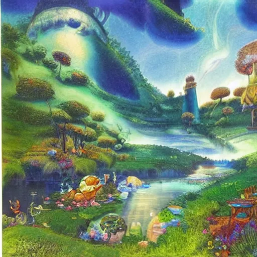 Image similar to A beautiful mixed mediart of a landscape. It is a stylized and colorful view of an idyllic, dreamlike world with rolling hills, peaceful looking animals, and a flowing river. The scene looks like it could be from another planet, or perhaps a fairy tale. decopunk by Ken Kelly, by Peter Zumthor atmospheric