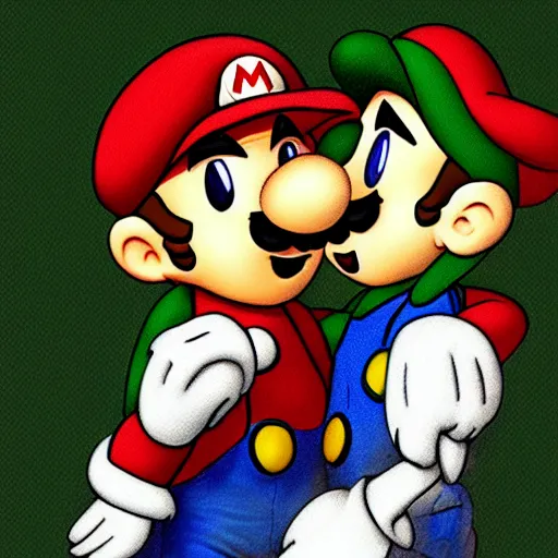 Image similar to mario and luigi french kiss, wet, blushing, deviantart