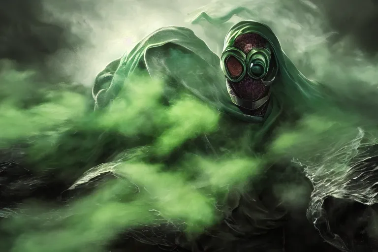 Prompt: Mysterio emerging from a cloud of green smoke, trending on Artstation, HD wallpaper, 4k, photorealistic, digital art, painted by Bayard Wu