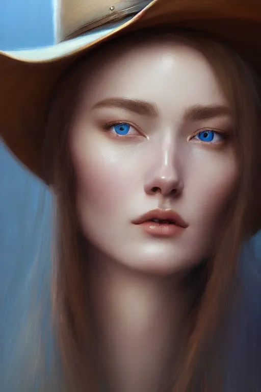 Image similar to ultra detailed facial portrait of beautiful nordic woman, blue eyes, wearing cowboy hat, extremely detailed digital painting, in the style of fenghua zhong and ruan jia and jeremy lipking and peter mohrbacher, mystical colors, rim light, beautiful lighting, 8 k, stunning scene, raytracing, octane, trending on artstation