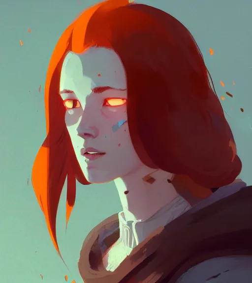 Image similar to portrait of a female mage, red hair, by atey ghailan, by greg rutkowski, by greg tocchini, by james gilleard, by joe fenton, by kaethe butcher, dynamic lighting, gradient light blue, brown, blonde cream and white color scheme, grunge aesthetic