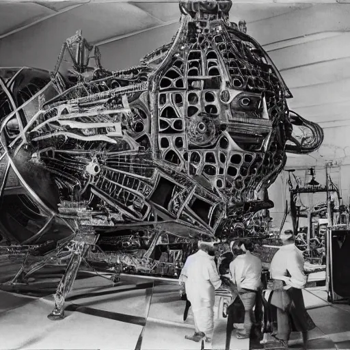 Prompt: scientists studying an extraterrestrial spacecraft, 1 9 2 0's sci - fi, black and white, 8 k, highly ornate intricate details, extreme detail,