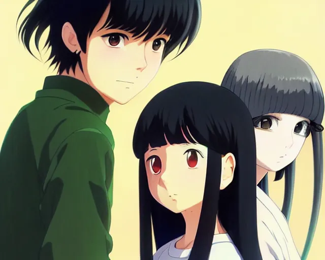 Image similar to beautiful anime girl with long black hair and bangs, beautiful anime guy with short black hair, wearing black clothes, siblings, fine details portrait, japense village in background, bokeh. anime masterpiece by Studio Ghibli. illustration, sharp high-quality anime illustration in style of Ghibli, Ilya Kuvshinov, Artgerm