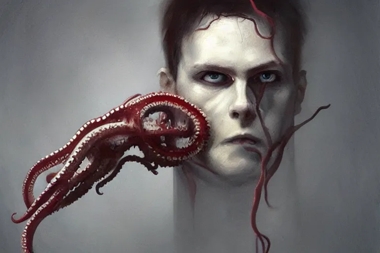 Prompt: painting by greg rutkowski of a floating human head and face that is chalk white in color, with tentacles coming downwards of the neck, red eyes, flying in a terrying hell like cavernous place