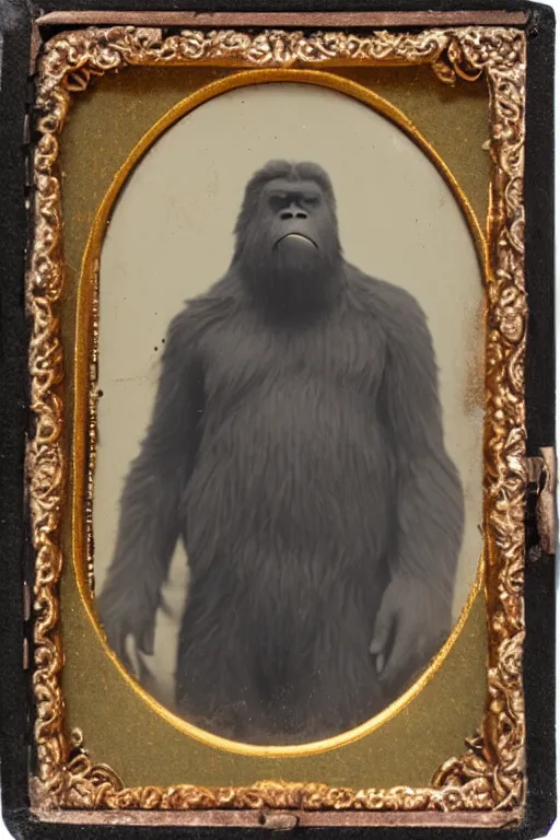 Prompt: a tintype family photo of bigfoot