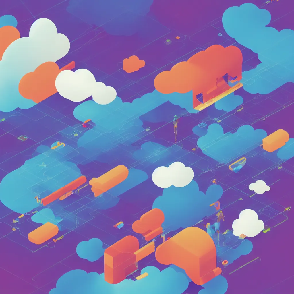 Image similar to a simple micro-service deployed to a public cloud, security, attack vector, trending on Artstation, painting by Jules Julien, Leslie David and Lisa Frank, muted colors with minimalism