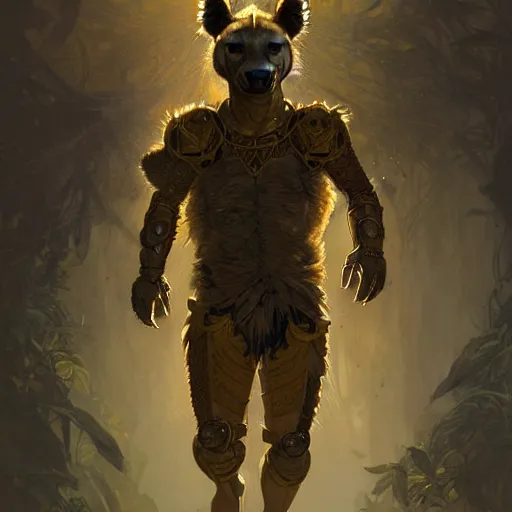 Prompt: a long shot photo of a humanoid hyena were a heroic armour an gold helmet in the forest, long hair, highly detailed, digital painting, artstation, smooth, sharp focus, illustration, art by artgerm and greg rutkowski and alphonse mucha