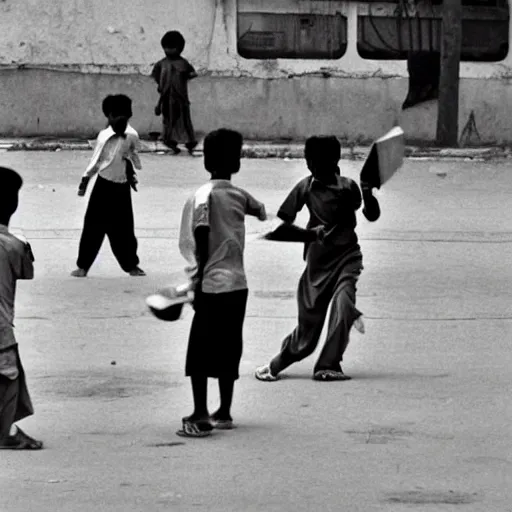 Image similar to kids in hyderabad, playing cricket on the street, early morning, photo from 1 9 9 0 s