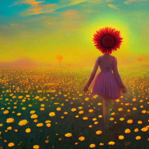 Image similar to giant daisy flower as head, full body girl floating in a flower field, surreal photography, sunrise, dramatic light, impressionist painting, colorful clouds, digital painting, artstation, simon stalenhag