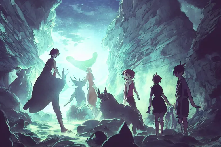 Image similar to cell shaded key visual of a group demons emerging from a portal, dramatic lighting, in the style of studio ghibli, moebius, makoto shinkai,