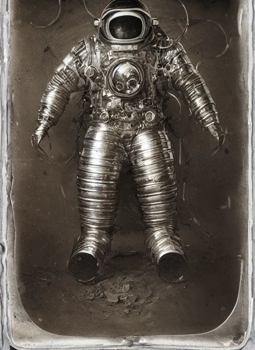 Image similar to old wetplate daguerreotype portrait of a futuristic silver armored space astronaut, fractal, intricate, elegant, highly detailed, parallax, leica, medium format, subsurface scattering, by jheronimus bosch and greg rutkowski and louis jacques mande daguerre