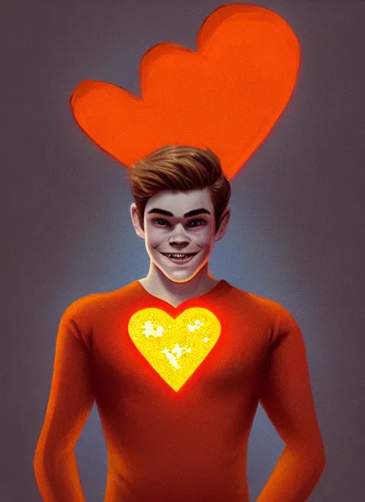 Image similar to friendly teenage archie andrews wearing an orange superhero costume with heart logo, freckles, pureheart the powerful, heart emblem on chest, cape, intricate, elegant, glowing lights, highly detailed, digital painting, artstation, sharp focus, illustration, art by wlop, mars ravelo and greg rutkowski