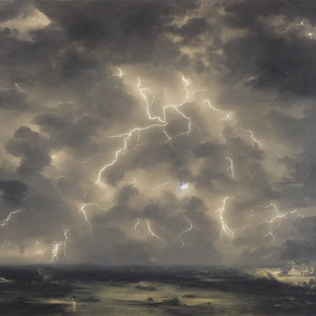 Image similar to thunderstorm with lots of lightning, oil painting