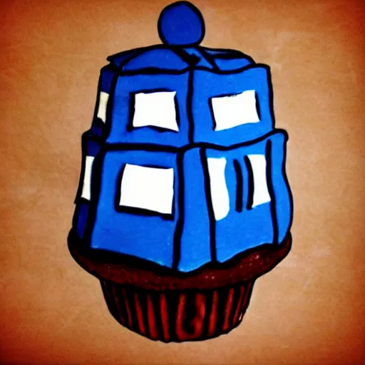 Image similar to rough sketch of the tardis atop a cupcake.