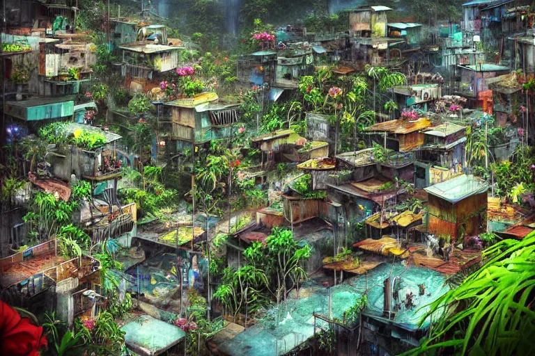 Image similar to favela winding cybernetic thrill ride, lush floral jungle environment, blooms, industrial factory, somber, apocalyptic, award winning art, epic dreamlike fantasy landscape, ultra realistic,