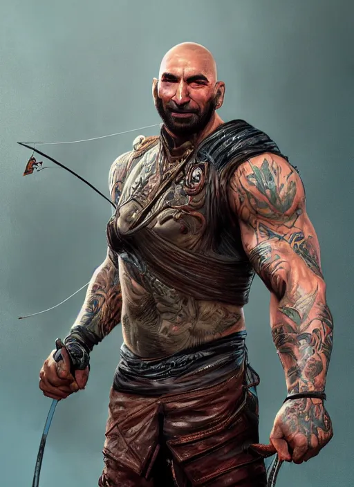 Image similar to A fantasy comic book style portrait painting of Dave Bautista as a archer, unreal 5, DAZ, hyperrealistic, octane render, RPG portrait, dynamic lighting