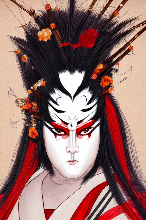 Prompt: an epic portrait of insane kabuki wielding a spear, magical aura of insanity, intricate hakama, poofy red wig, high energy, dramatic lighting, trending on artstation,