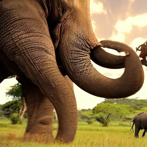 Prompt: film still of matrix, extreme wide shot of an tribal african man riding an elephant alone on the savannah, extreme long shot, 4 k, award winning