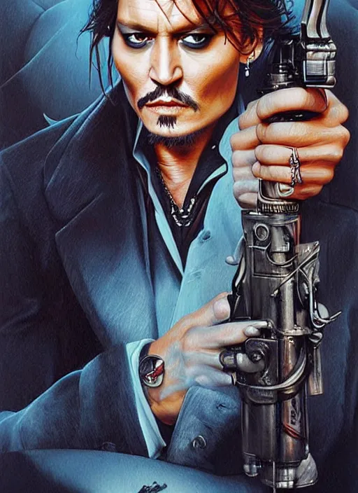 Image similar to johnny depp play james bond film by james jean, karol bak, manuel sanjulian