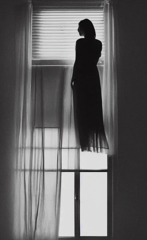 Prompt: a beautiful photograph of a woman standing in a dark room next to a window on a sunny day, dramatic composition