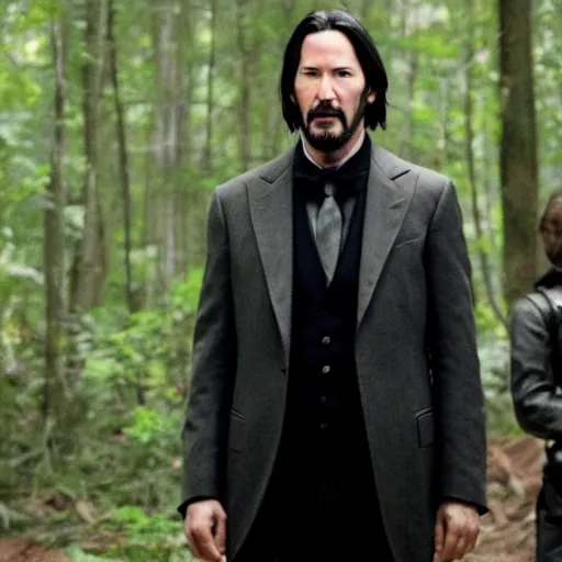 Prompt: A still of Keanu Reeves as President Snow in The Hunger Games (2012)