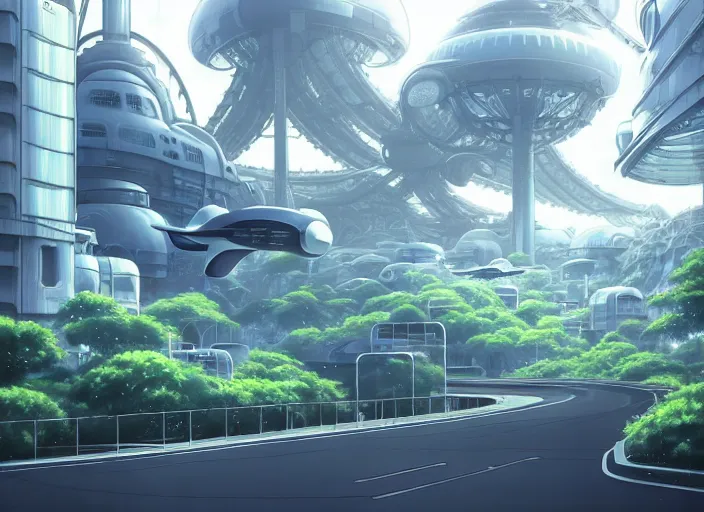 Prompt: (futuristic city in grey and white with lush trees), Ilya Kuvshinov, digital, concept art, Kyoto animation, last exile, blue submarine no. 6,loish, murata range, kawaii, yoshitaka amano, studio lighting, manga, bright colors, beautiful, 28mm lens,alphonse mucha, vibrant high contrast, gradation, jean giraud, moebius, fantasy, rule of thirds, fibonacci, intricate, cel shaded, flat, matte print, makoto shinkai