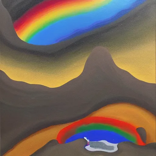 Image similar to highly detailed oil painting of a rainbow hotspring within dark grey cavern, black dragon sitting in the middle