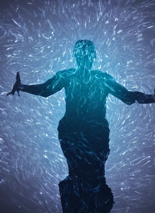 Prompt: crystallized human silhouette, large diffused glowing aura, long exposure, film grain, cinematic lighting, blurry, concept art