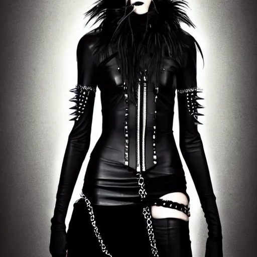 Image similar to a woman in a black leather outfit with spikes on her head, a high fashion character portrait by christen dalsgaard, featured on behance, gothic art, androgynous, genderless, gothic