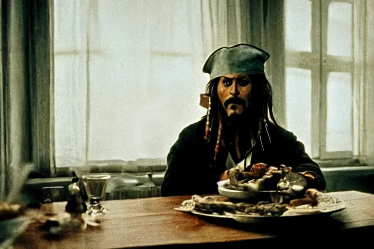 Image similar to soviet movie still jack sparrow sitting at a table next to the window with food, dark warm light, a character portrait by margarita terekhova, movie stalker solaris film still by andrei tarkovsky, 8 k, 1 9 8 4, close - up bokeh, gelios lens, color, noir