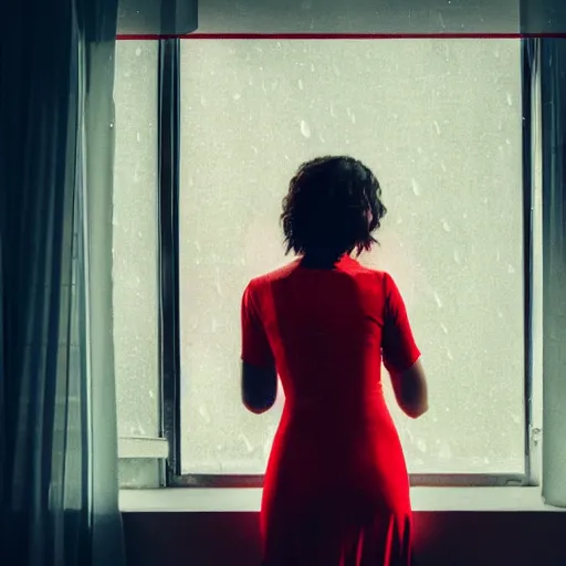 Prompt: woman in a red dress infront of an window with rain