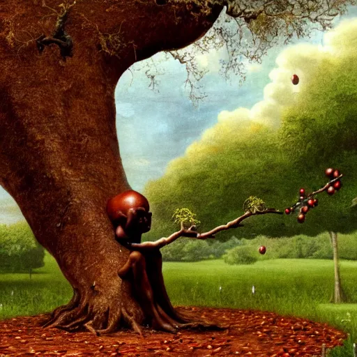 Image similar to a humanoid apple sitting under an oak tree being hit in the head by a falling Isaac Newton, hyper realistic, 4k